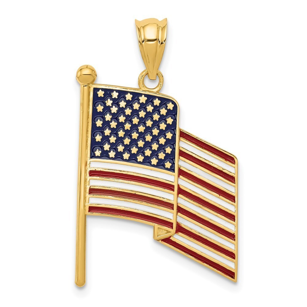 14k Yellow Gold Patriotic Enameled Flag Necklace Charm Pendant